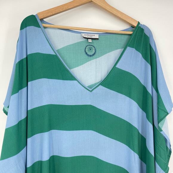 Haremlique a la Mer | Oblique Blue Green Evil Eye Striped Kaftan Maxi Coverup M - Picture 5 of 14